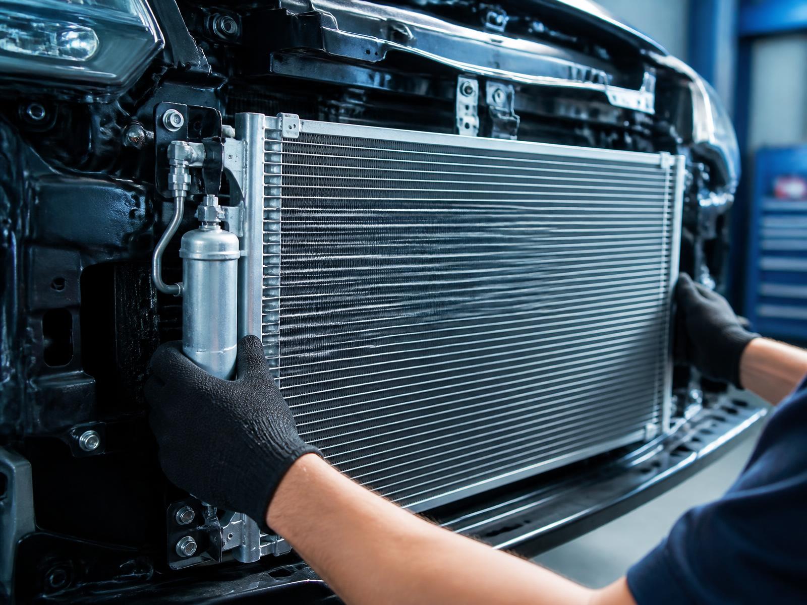 Car air conditioning condenser being fitted to the front of a vehicle